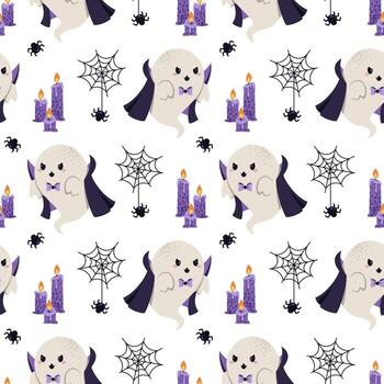 linda vampiro fantasma con telaraña y araña, velas sin costura modelo. Víspera de Todos los Santos repetir antecedentes para textil, regalo envoltura, álbum de recortes, fiesta decoración y festivo diseño proyectos vector