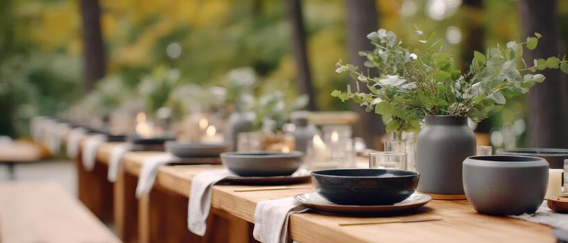 Autumn table setting thanksgiving dinner fall decorations create warm inviting atmosphere with rustic wooden tableware candles and greenery for festive outdoor celebration photo