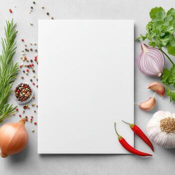 Menu mockup with blank white paper surrounded by fresh herbs, onion, garlic, chili, peppercorn, and coriander on light background for culinary design inspiration photo