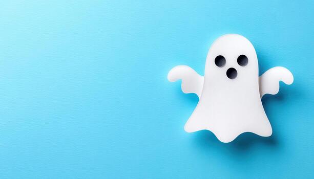 juguetón fantasma personaje hecho desde blanco papel separar en azul fondo, sencillo y linda diseño, evoca divertido y alegre Víspera de Todos los Santos estado animico foto