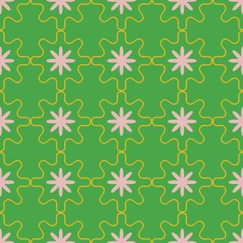Seamless floral pattern with abstract star-shaped flowers, connected by geometric lines on a bold green background vector