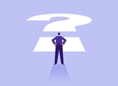 Businessman standing front of question mark, business decision and future concept, symbol of uncertainty vector