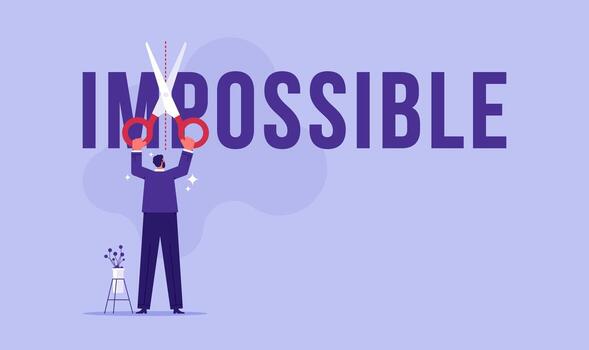 Businessman make possible by cut from the word impossible with scissors, motivation to achieve goal and success concept vector