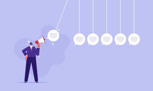 Businessman in front of newton's cradle with a chat bubble, effect of speech or communication concept vector