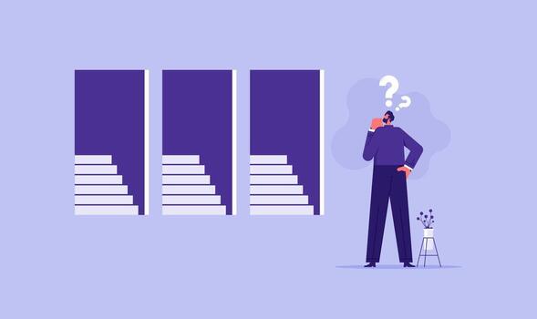 Businessman standing in front of doors as symbol of choice and trying to choose one looking at way to unknown future and opportunity vector