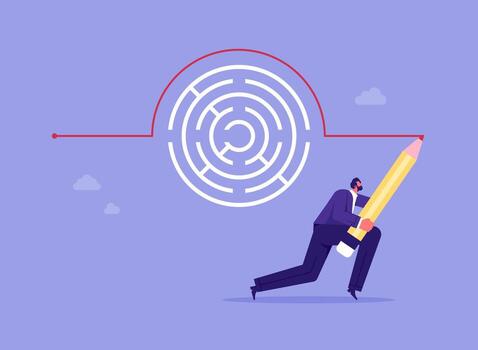 Businessman draw workaround line to solve maze, creativity to overcome obstacle or solving business problem vector