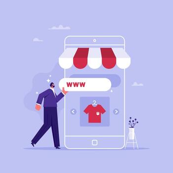 Adding online store, placement of online shop domain address, storefront creation on the screen of a mobile device, online store concept vector