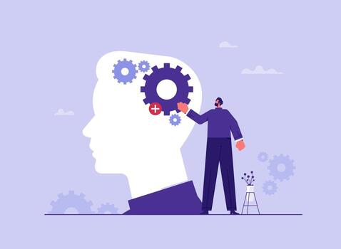 Businessman add new skill or gear into human head to upgrade working skill, learn new things or knowledge development for new skill concept vector