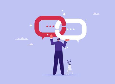 Businessman link between conversation dialog, link idea for solution concept, communication to solve problem vector