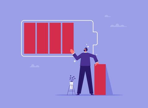 Businessman build a high level of battery charge indicator, recharge energy yourself or refresh or recover after tried concept vector