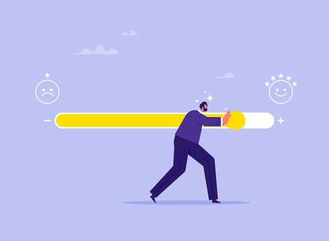 Customer touching loading bar for rating feedback scale, loading giving smile emoticon, customer satisfaction or feedback concept vector