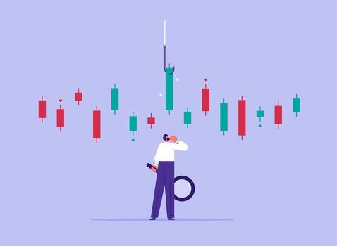 empresario comerciante pensando mientras analizar verde grafico con pescar carnada, candelero gráfico a comprar o vender en valores mercado concepto vector
