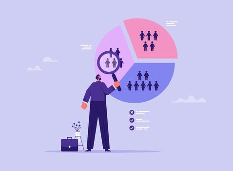 Businessman analyzing customer segment pie chart, customer segment analysis for marketing or advertising concept vector