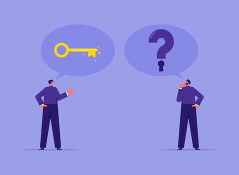 Businessman with a key opens a keyhole at a question mark, key to unlock answer for problem and questions concept, solution solve problem vector