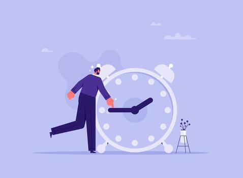 Businessman trying to stop the time or pushed the time back. fights with an alarm clock, deadline and time management concept vector