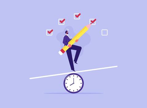 empresario equilibrar en reloj y relleno marca de verificación, exitoso terminación de negocio Tareas vector