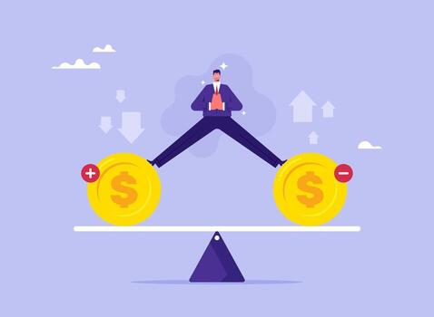Man balancing coins on a scale vector