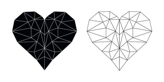 Polygon heart . Geometric low poly heart shape, wireframe and solid style vector