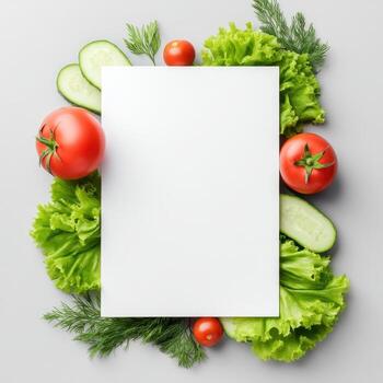 Fresh menu mockup with blank paper surrounded by lettuce tomato cucumber and dill on light background perfect for restaurant or cafe design with natural and healthy feeling photo
