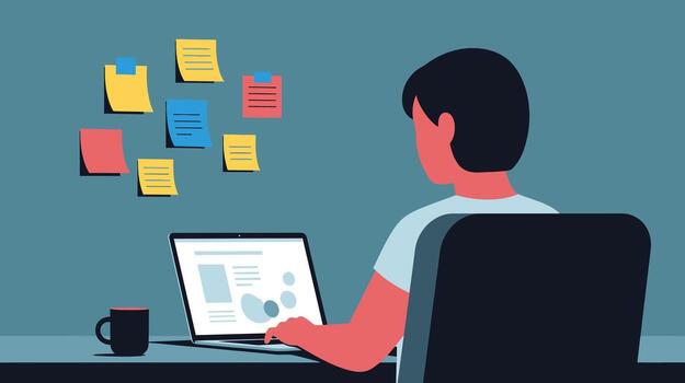 Person working on laptop with sticky notes for project planning and focus vector