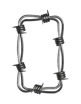 Barbed wire forms a bold rectangular frame, showcasing a punk rock vibe. The noisy and grainy texture adds an edgy atmosphere, enhancing the metal elements. vector