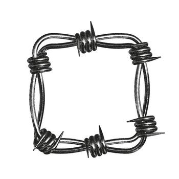 This artwork features a square barbed wire frame that captures a punk rock vibe with military influences, emphasizing noise and grain for a gritty feel. vector