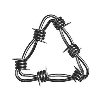 Barbed wire forms a triangular shape, showcasing a punk rock style with a military influence. The gritty texture adds to the rebellious atmosphere, creating an edgy visual impact. vector