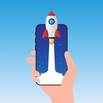 concepto de el puesta en marcha y proyecto desarrollo, con astronave y móvil teléfono. plano ilustración de un astronave y un teléfono inteligente vector