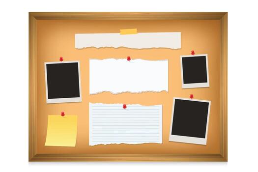 boletín tablero modelo con vacío foto marco, blanco papel y pegajoso notas ilustración vector