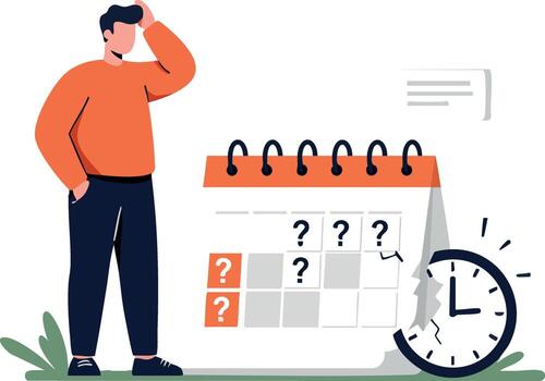 Man standing confused near calendar with question marks and clock time management concept illustration vector