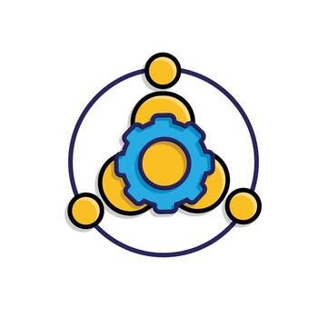 Teamwork icon. Management. Three silhouettes of people gathered in a circle with a gear in the middle. office, analysis. Isometric design style. vector