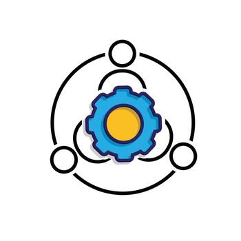 Teamwork icon. Management. Three silhouettes of people gathered in a circle with a gear in the middle. office, analysis. Mixed design style. vector