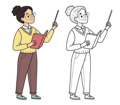 profesor participación libro y puntero, explicando o dando conferencias, mirando arriba, dibujos animados estilo vector