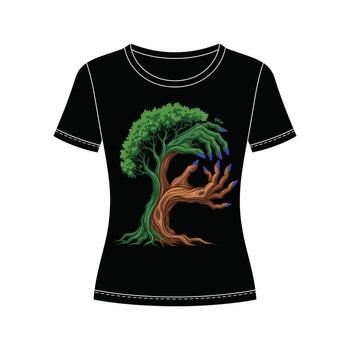 Black TShirt Design Mystical Tree with Hand Design Nature and Fantasy Graphic Tee vector