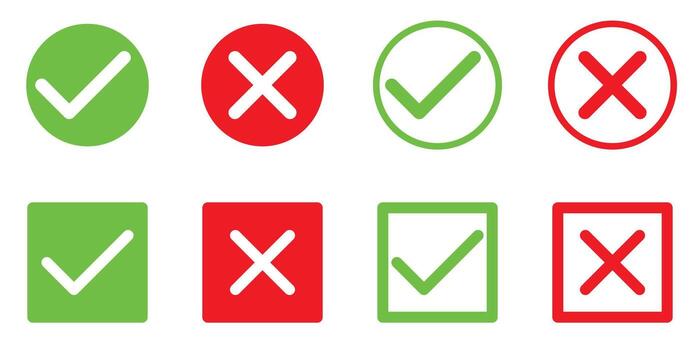green tick and red x, set of OK check mark and X cross icon symbol vector