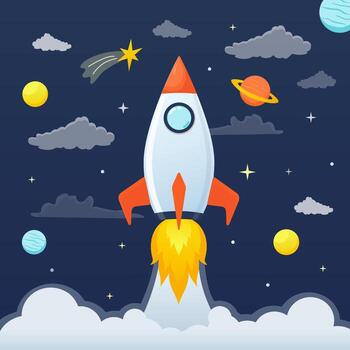 Spaceship launching in the outer space with planets and stars vector