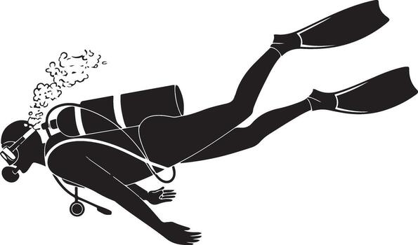 Silhouette of a Diver Underwater Exploring the Depths of the Ocean with Bubbles Ascending vector