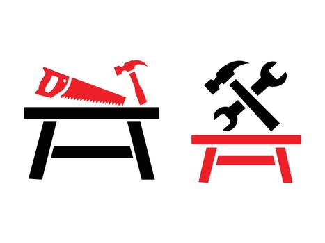 Two workbenches with tools isolated on white background, one black and one red vector