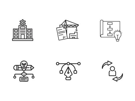 Creative Process and Development Stock Line Icons. Building, Planning, Innovation, and Partnership Vectors with white background
