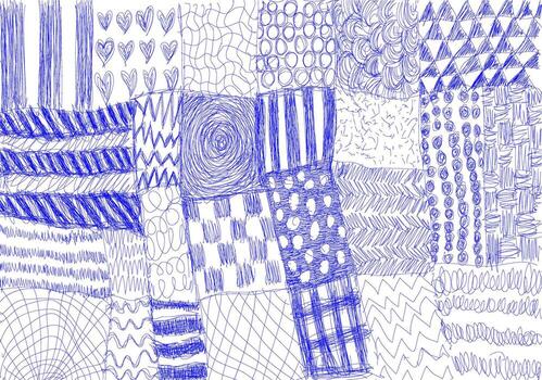 set of patterns drawn by hand with a blue ballpoint pen. Suitable for backgrounds, textile design, packaging, web design, scrapbooking paper vector