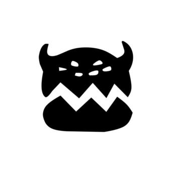 Bold black silhouette of a monster-like face with horns, sharp zigzag mouth, and small eye markings. A simple, abstract design symbolizing danger, fear, or fantasy creatures. vector