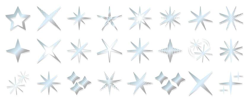 Futuristic y2k silver stars and sparkles icon set, different number of rays. Monochrome metal sparks sign collection. Retro aesthetic shining chrome and platinum flash symbols with shadow vector