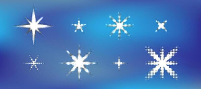 Gradient background with twinkle halftone stars shape. Dotted grain starburst collection on blue mesh vector