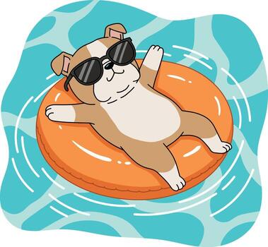 Dog Relaxing in Pool on Inflatable Ring with Sunglasses vector
