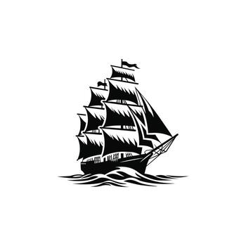 Silhouette of a sailing ship with billowing sails, clean bold lines, minimal style, isolated on white background vector