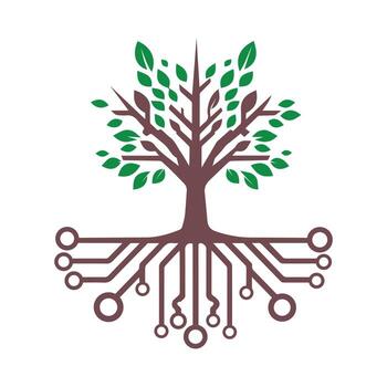 Abstract Tree with Green Leaves and Digital Circuit Design Roots vector