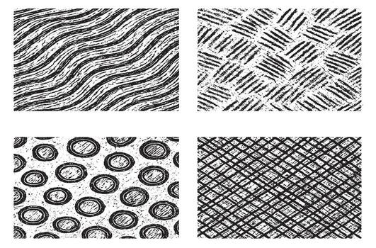 Collection of seamless hand drawn grunge textures with waves, lines, circles, and crosshatch designs. Perfect for fabric, wallpaper, wrapping paper, digital design, and modern abstract backdrops. vector