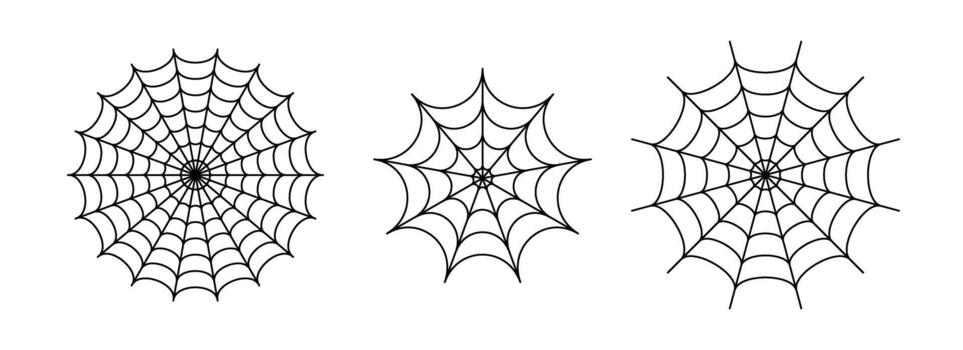 Black line spider web set. Simplified cobweb collection. Halloween frame and borders elements for banner, poster, decoration. Linear spooky tangled net bundle. Vecto vector