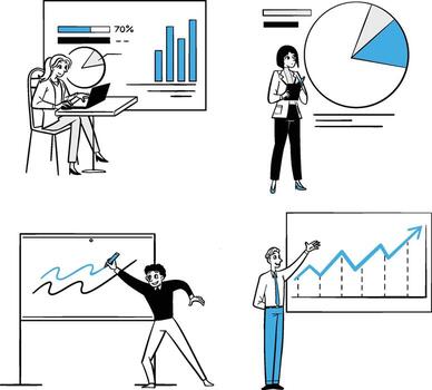Business characters in formal office setting explaining, analyzing, and presenting various data chart vector