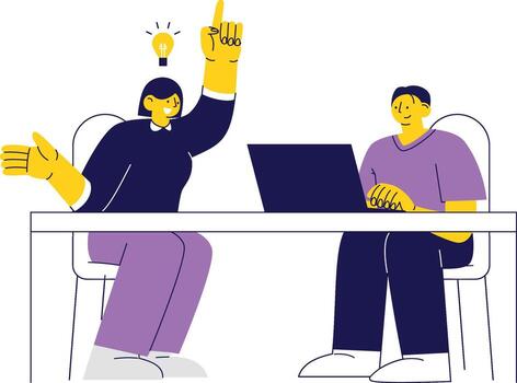 Professional flat-style scene of a team discussing an idea at the laptop, representing creative thinking and collaboration. vector